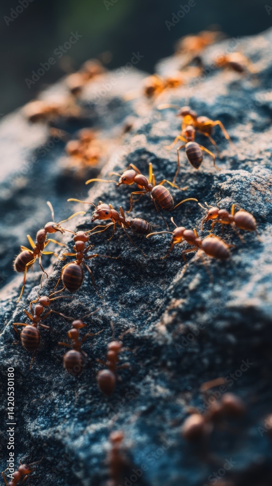 Ants Crawling on Rough Stone Surface - Detailed Macro View of Insect Colony Behavior Ants Crawling on Rough Stone Surface - Detailed Macro View of Insect Colony Behavior