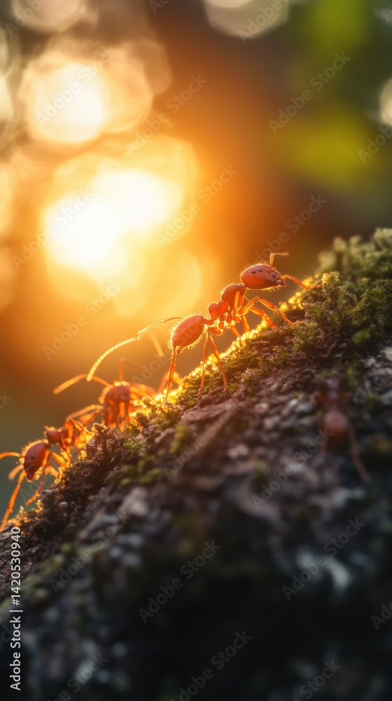 Ants on a Mossy Branch in Golden Sunset Light - Macro View of Insect Activity and Nature's Warm Glow Ants on a Mossy Branch in Golden Sunset Light - Macro View of Insect Activity and Nature's Warm Glow