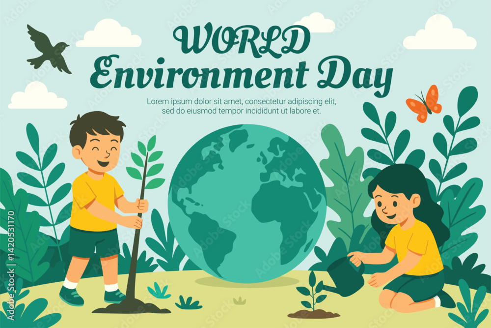 Naklejka premium World Environment Day with Kids Planting Trees and Caring for Nature, Vector Illustration