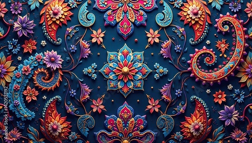 Intricate paisley pattern in rich jewel tones, motif, curvy, graphic