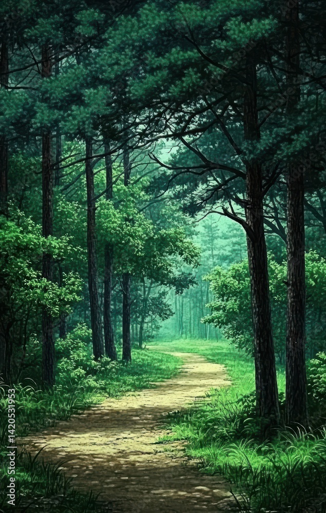Naklejka premium Forest path, lush greenery