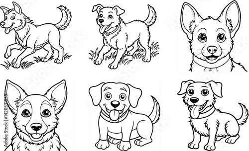 Cartoon Puppy Faces and Poses Coloring Page – Fun Dog Line Art for Kids