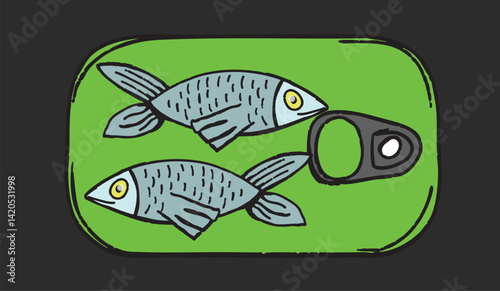 Two sardines swimming in an open can on dark background