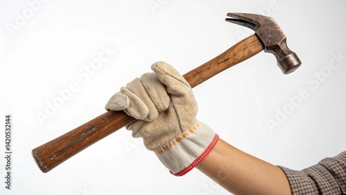 Female Worker Holding Hammer in Glove