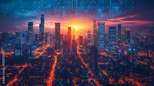 Urban sunset skyline houston digital art futuristic aerial view technology concept
