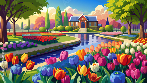 Keukenhof gardens blooming spring flowers by the pond. Colorful tulips and blue Muscari flowers.