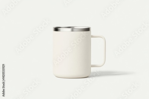 Cream-colored insulated mug with a stainless steel lid and handle