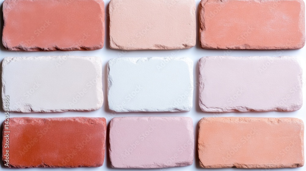 Fototapeta premium Various shades of pastel colored bricks arranged in a grid pattern on a white background, showcasing texture and color variation, and artistic concept.