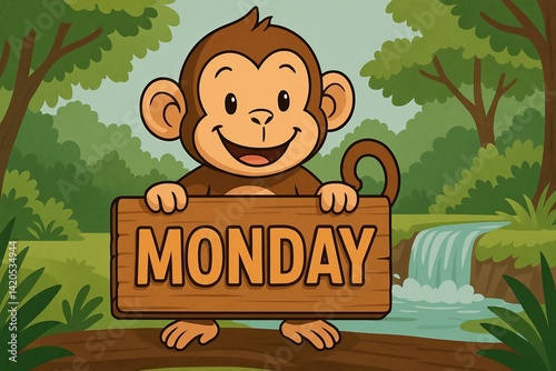 Smiling monkey holding wooden monday sign in jungle waterfall background