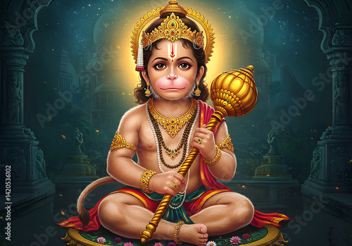 Baby Hanuman Digital Art Hindu Deity Portrait, Golden Crown and Mace Illustration.