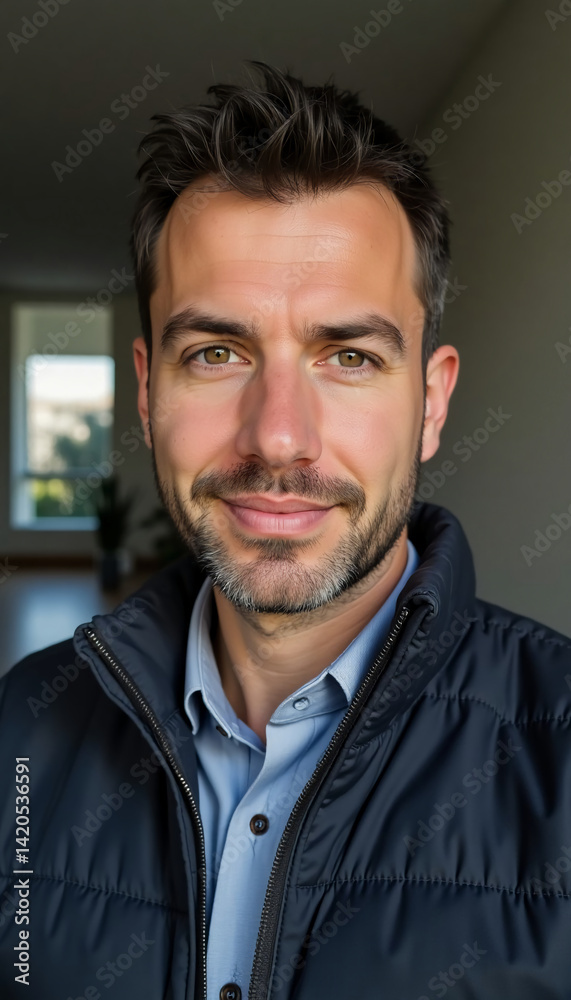 Fototapeta premium A confident man stands in a well-lit space, radiating relaxed charm and professionalism. His friendly smile and simple attire create an inviting atmosphere in this cozy setting Generative AI