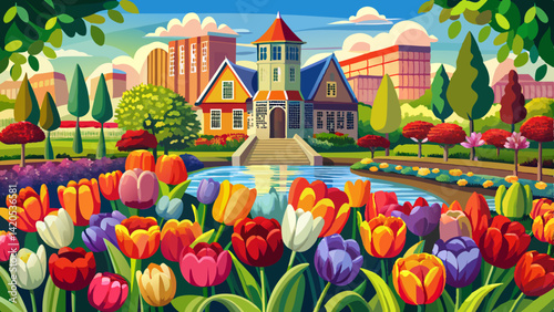Colorful tulip flowers blooming in Keukenhof garden in Netherlands.