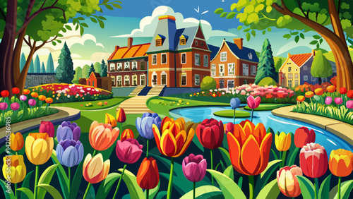 Colorful tulip flowers blooming in Keukenhof garden in Netherlands.