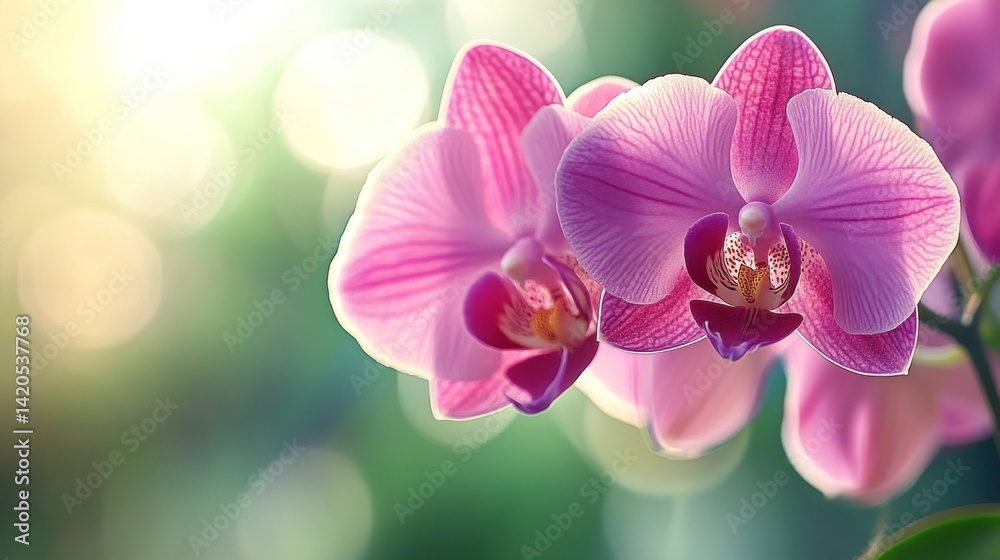 Delicate pink orchids bloom in soft sunlight. Delicate pink orchids bloom in soft sunlight.