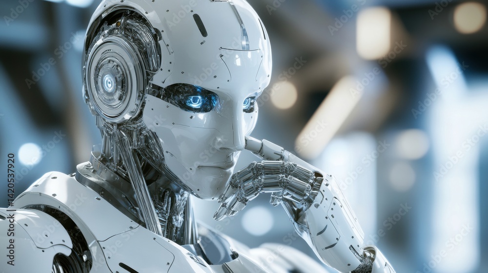 Futuristic AI Robot Deep in Thought with Detailed Metallic Components and Glowing Blue Eyes Futuristic AI Robot Deep in Thought with Detailed Metallic Components and Glowing Blue Eyes