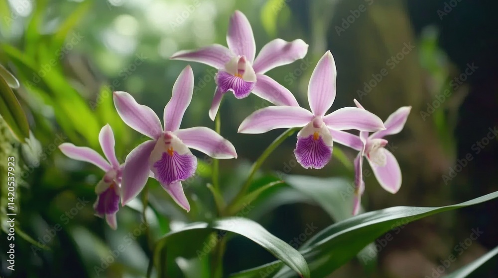 Lush pink orchids blooming in a tropical setting. Lush pink orchids blooming in a tropical setting.
