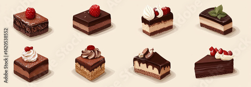 Illustration of a set of chocolate desserts on a beige background