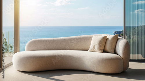 A beautiful and modern curved sofa in light beige color in front of a bright window with blue ocean views on a sunny day