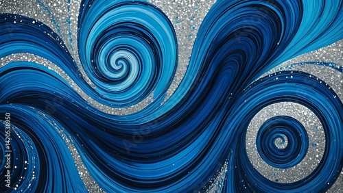 Abstract Blue Swirls with Silver Glitter Background Artistic Wave Design
