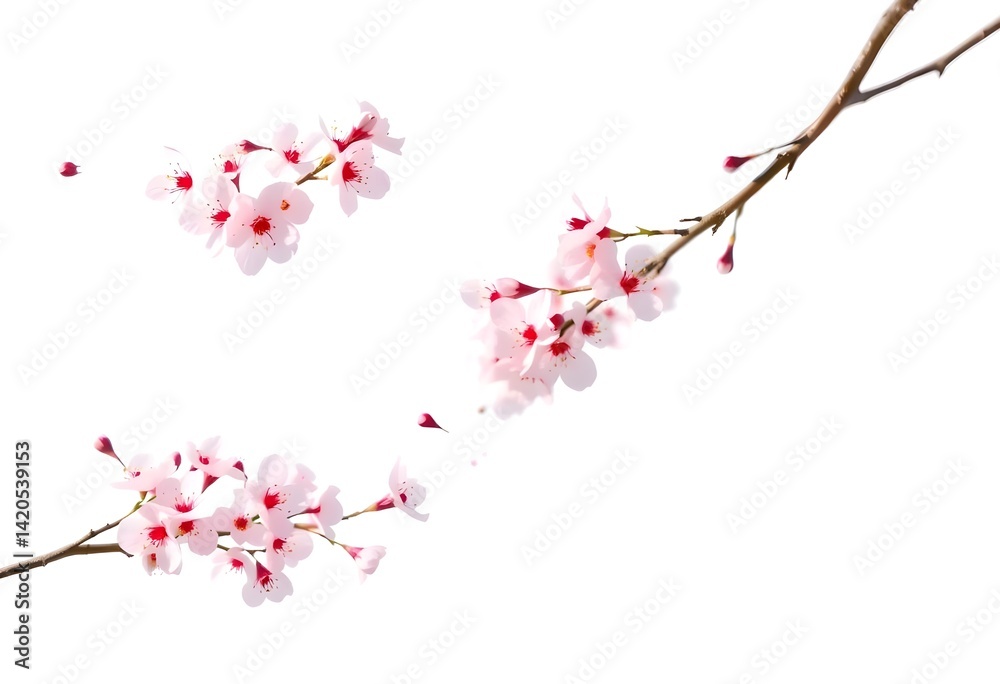 Naklejka premium Upward Swirl of Flying Cherry Blossoms Isolated on Clean White Background for Spring Design
