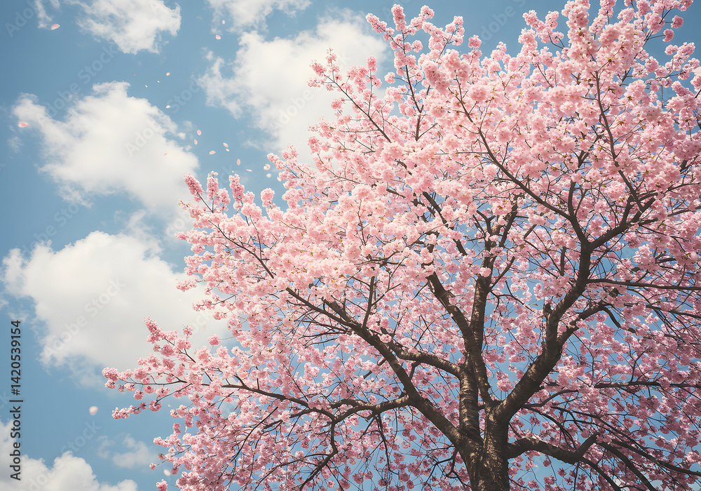 Blooming Cherry Blossom Tree Against a Blue Sky with Clouds, Spring Scenery and Beauty. Blooming Cherry Blossom Tree Against a Blue Sky with Clouds, Spring Scenery and Beauty.