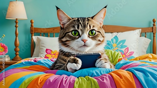 Tabby Cat Using Mobile Phone in Bed with Colorful Bedding