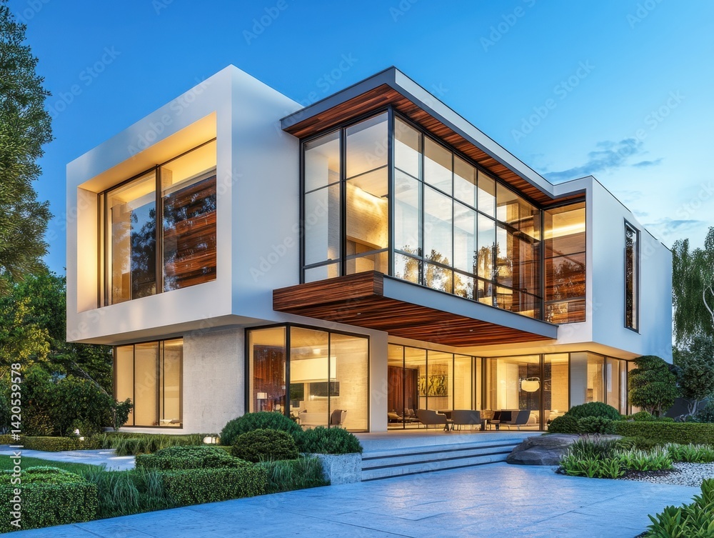 Fototapeta premium A large house with a white exterior and a large glass window. The house has a large patio with a walkway leading to it