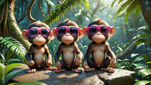 Three Cartoon Monkeys Wearing Sunglasses in a Lush Jungle Setting