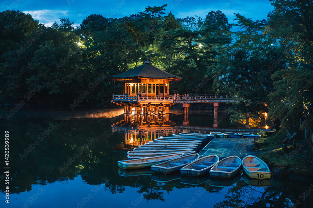 Illuminated Ukimido Pavilion reflects on Nara Park's Sagi-ike Pond, with boats ready for visitors..