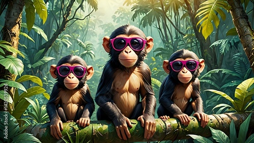 Three Monkeys Wearing Sunglasses Sitting on a Branch in the Jungle