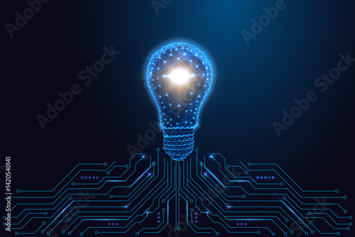 Smart tech innovation concept with glowing light bulb and digital circuit board, vector illustration