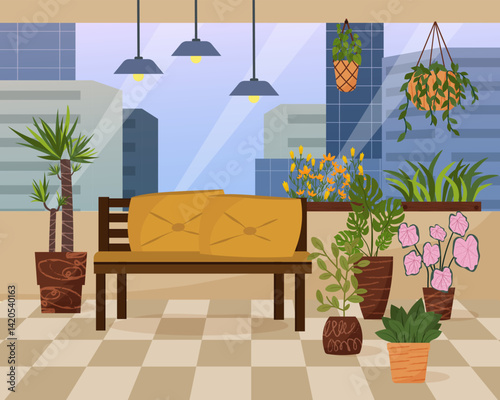 Plant garden on city home balcony. House terrace with green plants. Sofa with pillows. Flowers and boxes for seedlings. Place for rest. View of city and buildings. Vector illustration