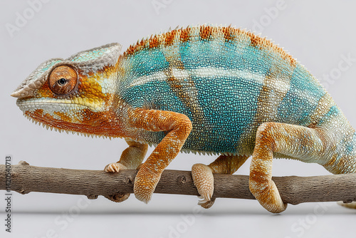 Chameleon mid-color-change perched on branch during quiet afternoon light