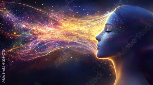 Cosmic energy flows through a serene female figure.