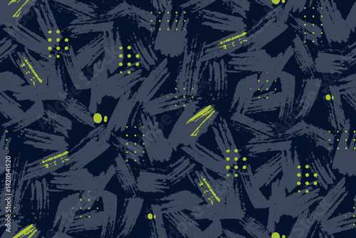 Ink ornament. Grunge brush seamless pattern. Textured repeat print for sport textile, wrapping paper. Shabby urban background with dots