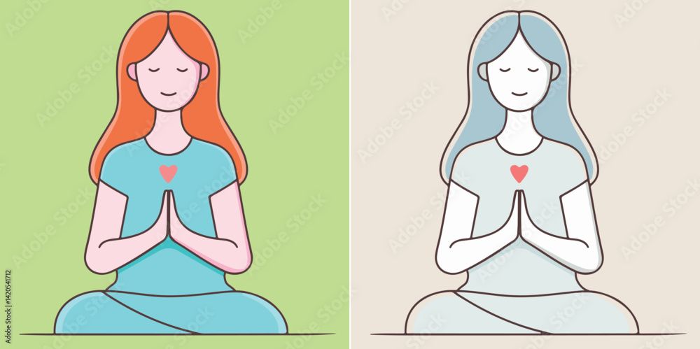 A girl in a meditation pose.
Vector illustration of a girl in the lotus position with her eyes closed and her palms folded in namaste. Color and monochrome options on a split background.