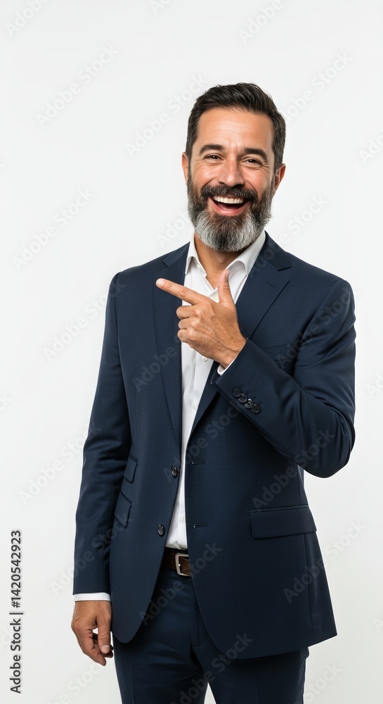 Confident Mature Businessman Pointing, Happy and Successful Executive Portrait, On white background Confident Mature Businessman Pointing, Happy and Successful Executive Portrait, On white background