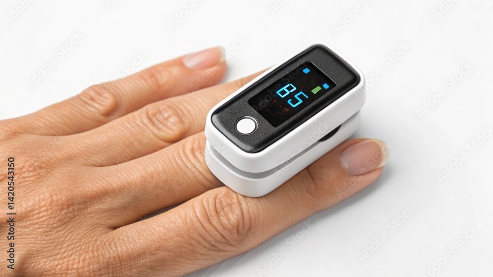 Close-up of a pulse oximeter attached to a person's finger, displaying readings. Ideal for illustrating health checks and oxygen saturation. Close-up of a pulse oximeter attached to a person's finger, displaying readings. Ideal for illustrating health checks and oxygen saturation.