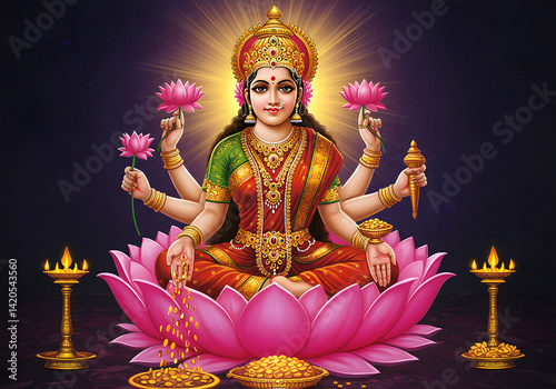 Goddess Lakshmi Indian Deity of Wealth, Prosperity and Fortune, Lotus Pose with Flowers and Gold.