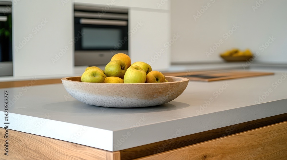 custom made wallpaper toronto digitalFresh yellow apples in a light beige bowl on a modern kitchen countertop.