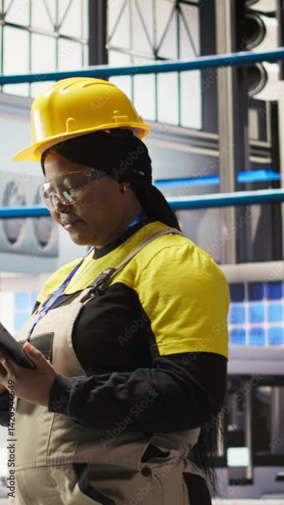 Vertical video Smiling engineer in smart factory performing predictive maintenance using tablet, analyzing IoT sensor data. Industrial plant worker managing operational reliability of photovoltaic Vertical video Smiling engineer in smart factory performing predictive maintenance using tablet, analyzing IoT sensor data. Industrial plant worker managing operational reliability of photovoltaic