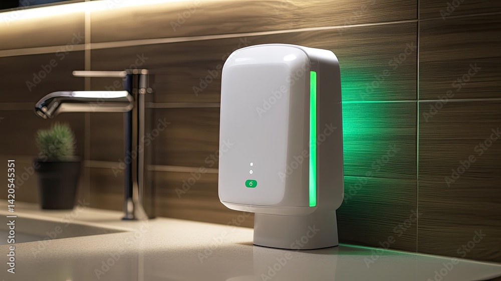 White Automatic Hand Sanitizer Dispenser with Green Light in Modern Bathroom White Automatic Hand Sanitizer Dispenser with Green Light in Modern Bathroom