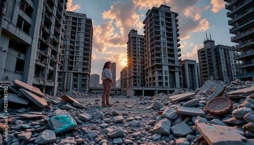 Ruined city landscape; fractured concrete, twisted rebar, heat distortion, and eerie turquoise mold growth.