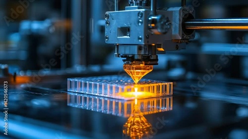 3D printing process in action.  Precisely depositing molten material onto a build platform.  Close-up view of the nozzle and heated bed