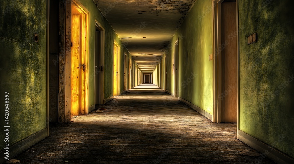 A dimly lit corridor in an abandoned building, showcasing peeling walls and empty doors.