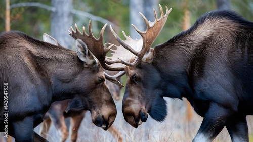 Two majestic moose engaged in a powerful display with their antlers touching in a forest setting. The image evokes a sense of the strength and wildness of nature.
