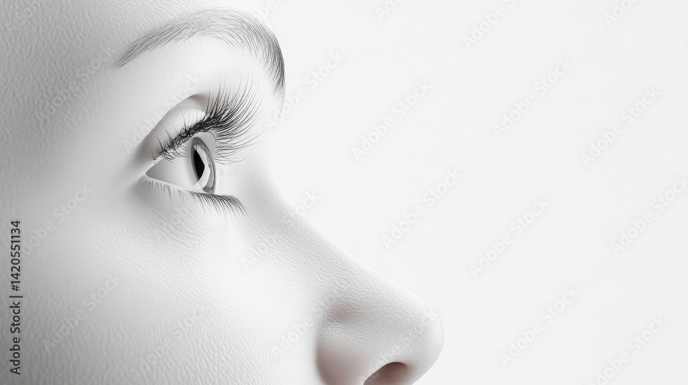 Fototapeta premium Womans Eye Profile Subtle Makeup Minimalist Style High-Definition Lighting Profile Close-up View Smooth Skin Contemplative Gaze White Background Monochromatic Mood Ideal for Skincare Ads