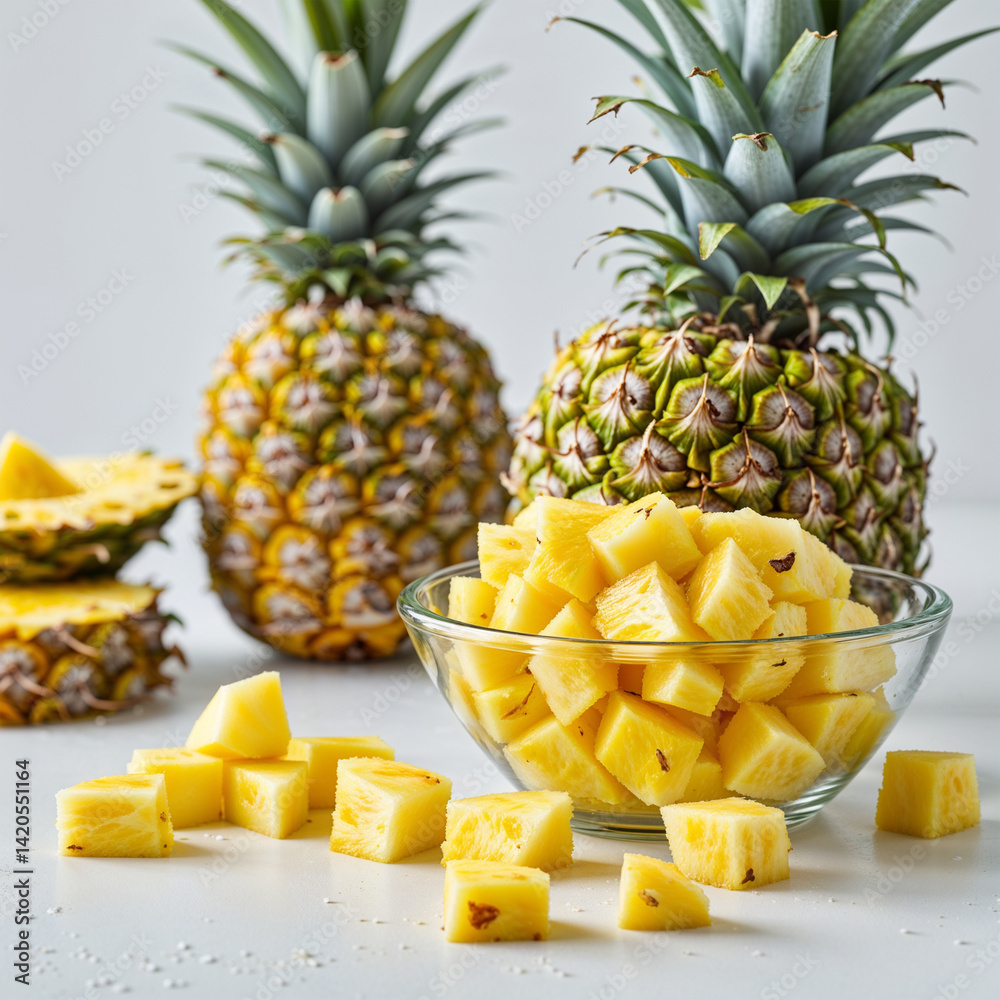 ropical pineapple, whole fruit, ripe yellow pineapple, clear glass bowl, diced pineapple chunks, fresh fruit display, white background, minimalist food photography ropical pineapple, whole fruit, ripe yellow pineapple, clear glass bowl, diced pineapple chunks, fresh fruit display, white background, minimalist food photography