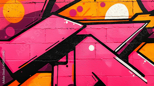 Vibrant urban artwork featuring dynamic pink and orange graffiti on brick facade
