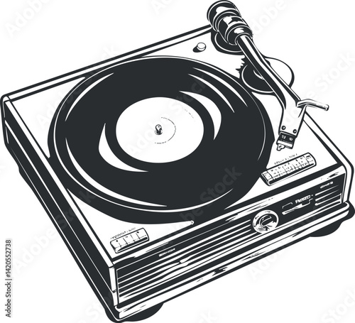 Illustration of a vintage turntable with a vinyl record and tonearm in detailed design.